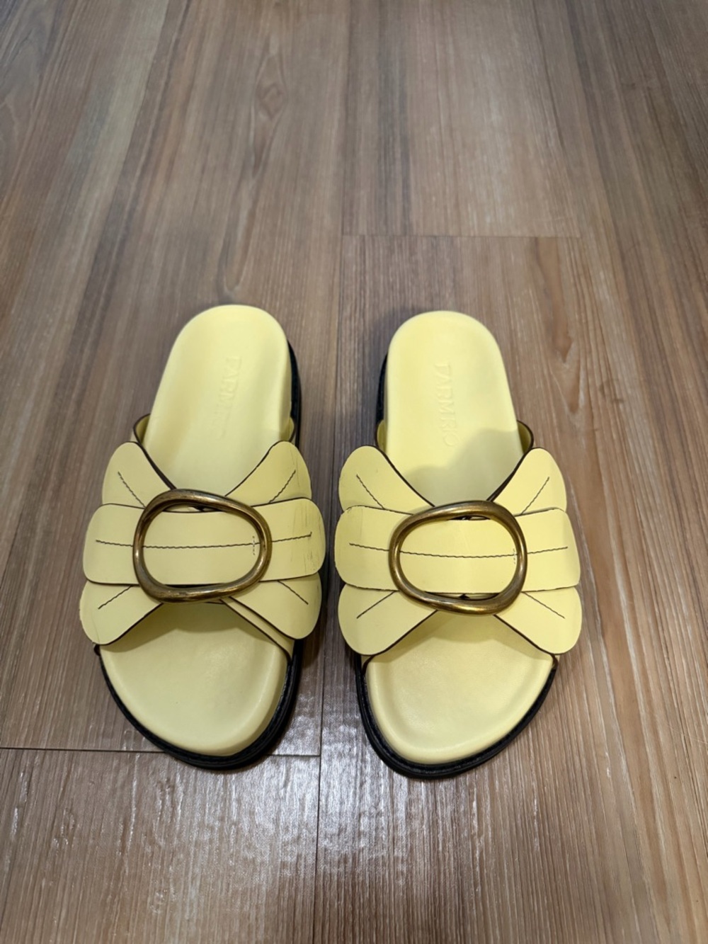 Yellow Bow Slide Sandals with Gold Buckle